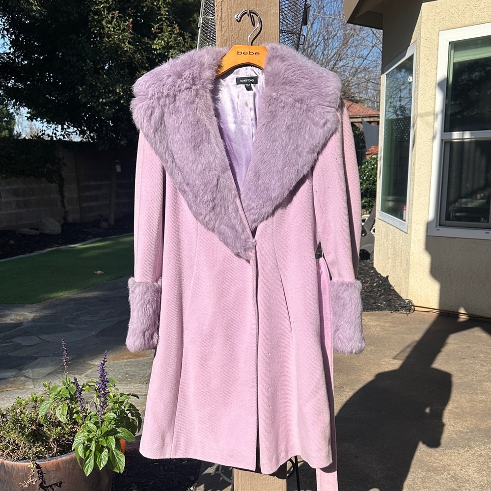 Bebe Women's Soft Long Purple Teddy Jacket with Fur Trim